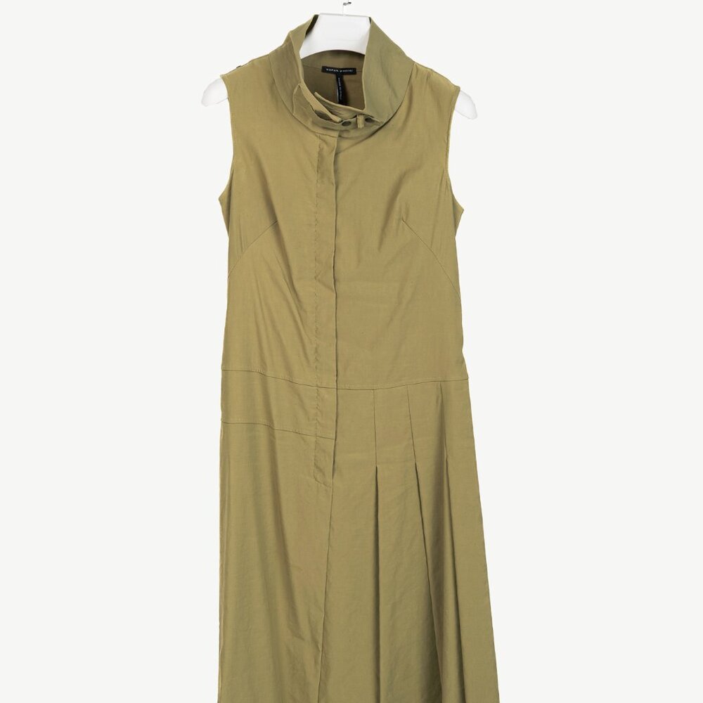 Sarah Pacini Green Stretch-Linen Zip Asymmetrical Midi Dress